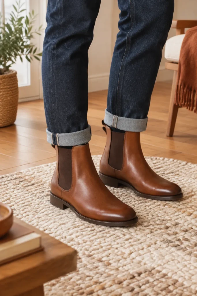 Couture d'une bottine en cuir sur l'établi d'un atelier