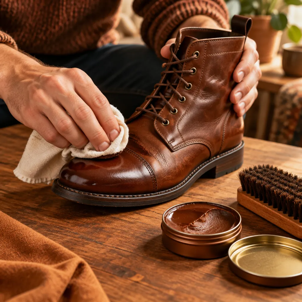 Brosse et cire posées près d'une botte en cuir