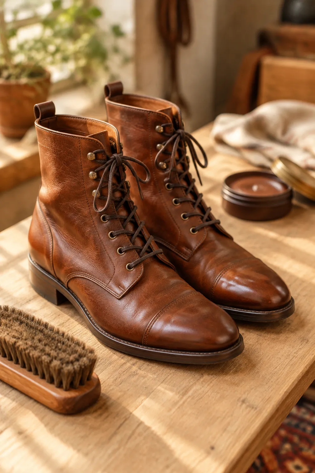 Bottines en cuir brun posées sur une table d'atelier